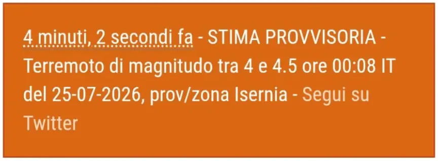 Scossa nel molisano avvertita anche in Centro Abruzzo. Torna la paura